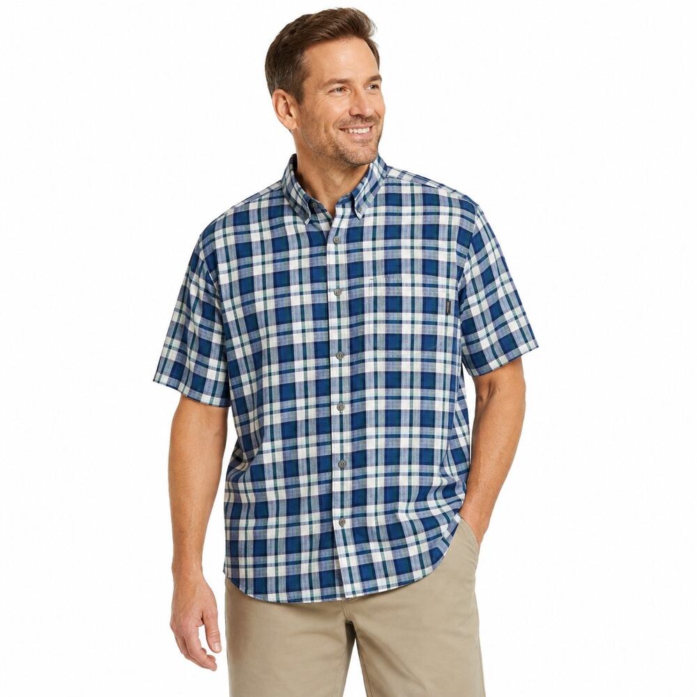 Eddie Bauer Men’s 2XL Blue Plaid Short Sleeve Button Front Shirt Casual Cotton